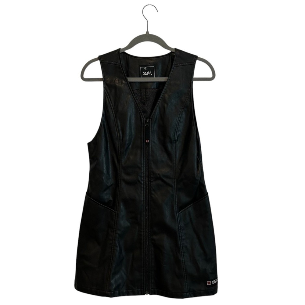 X Girl Faux Leather Mini Dress Black Zip Front Sz S Y2K Grunge Indie Sleaze Edgy